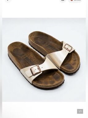 Birkenstock Madrid Metallic Cream Single Strap Slide Sandals